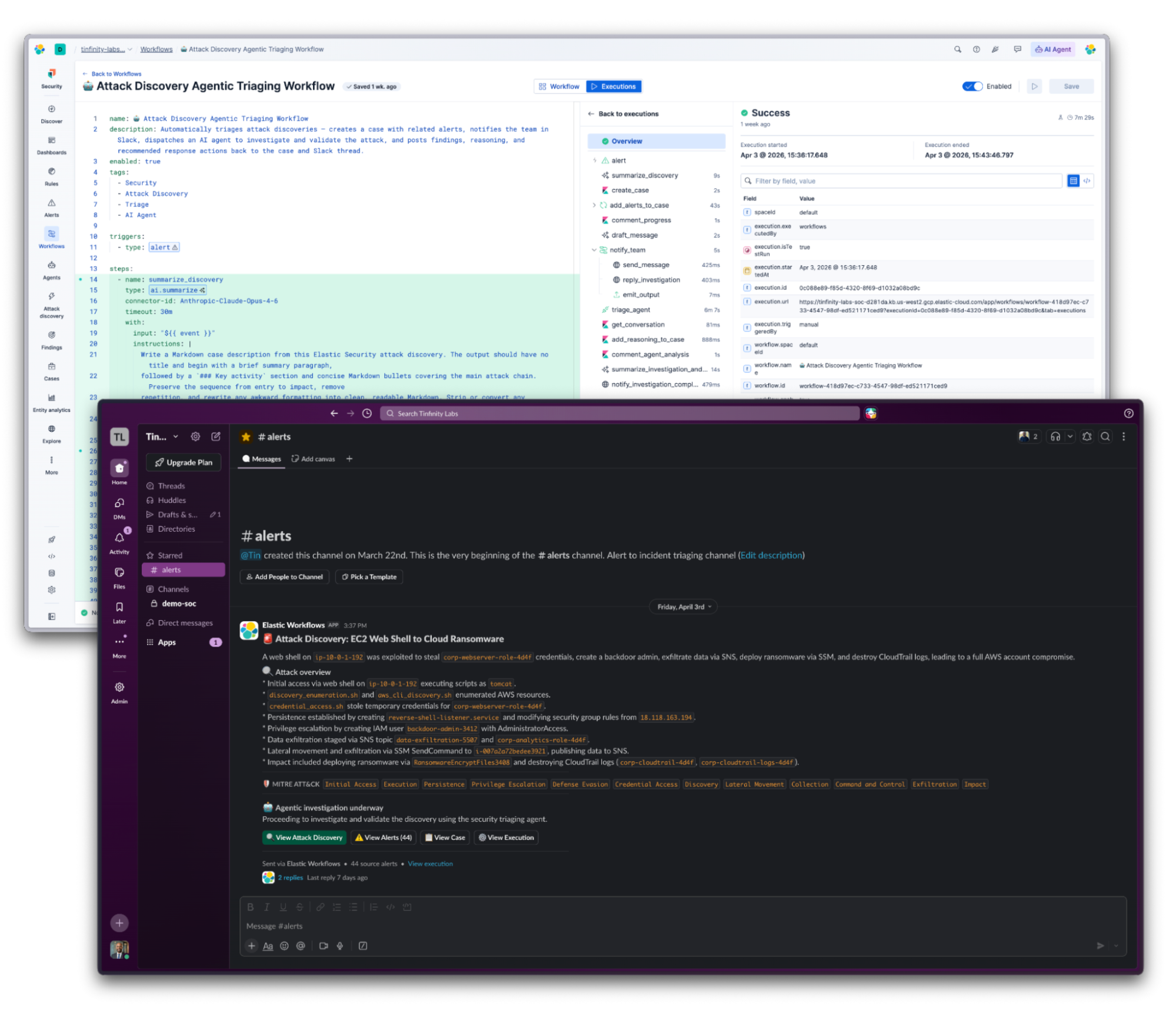 Attack Discovery agentic triaging workflow posting findings to Slack